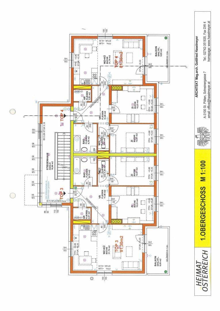 Grundriss des ersten Obergeschosses mit zwei Wohneinheiten, jeweils mit offenem Wohn-Essbereich, Schlafzimmern, Bad und Balkon.