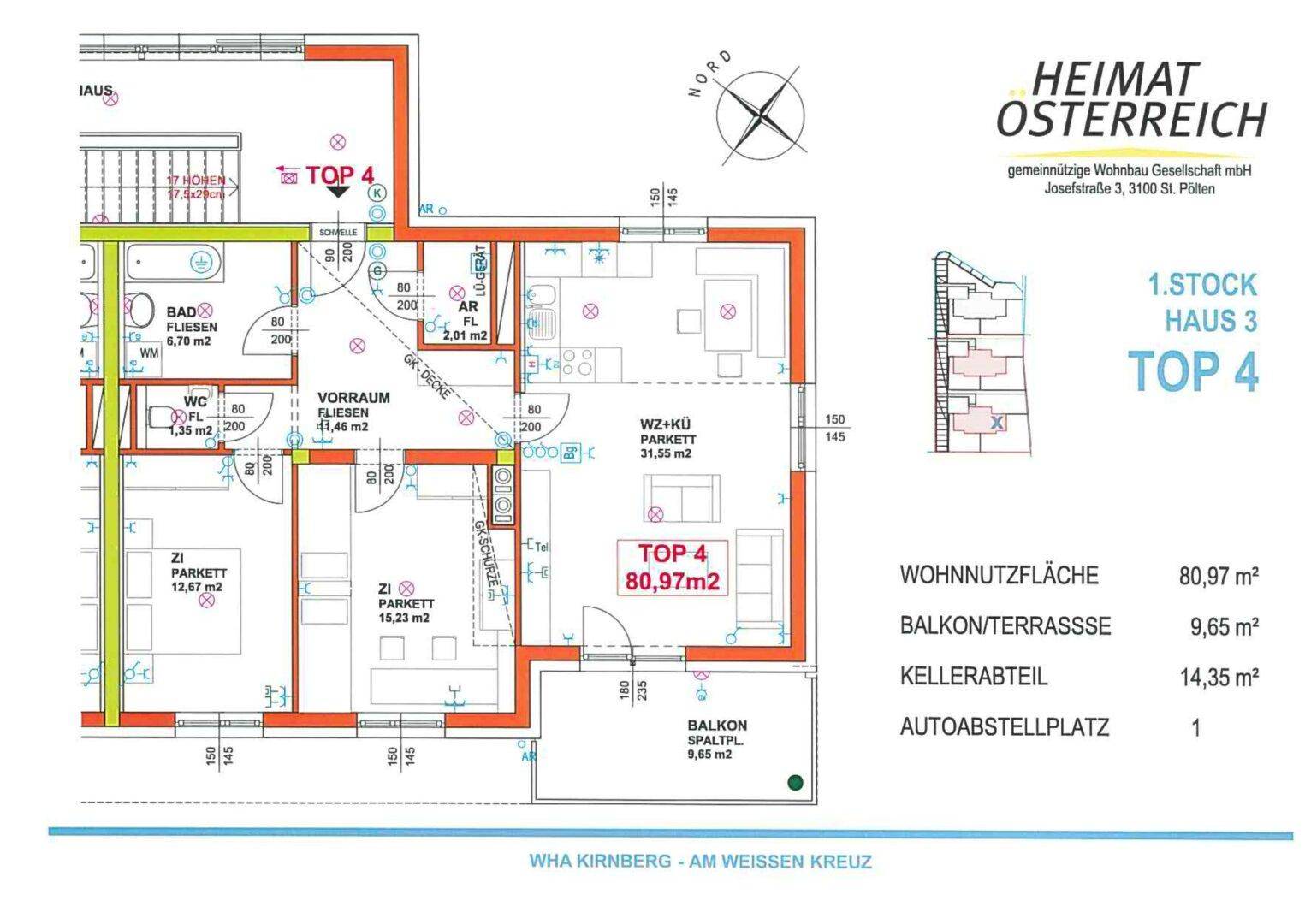 Detaillierter Grundriss der Wohnung "TOP 4" mit Wohnnutzfläche und Balkon.
