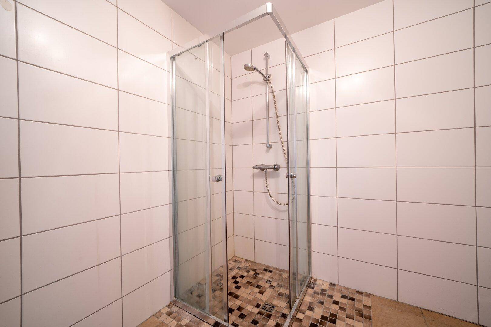 Duschkabine mit Glaswänden und Mosaikfliesen im Bodenbereich, sauber und funktional.