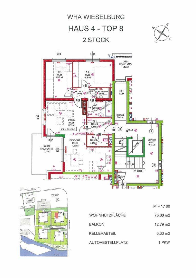 Detaillierter Grundriss der Wohnung im 2. Stock mit Wohnnutzfläche und Balkon.