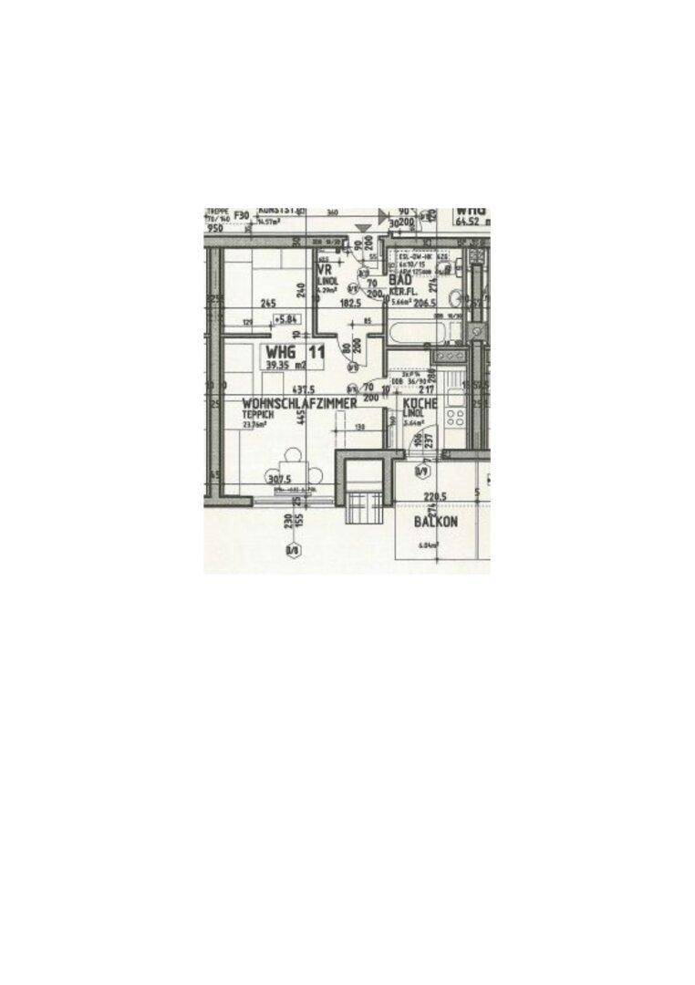 Grundriss einer Wohnung mit Wohnschlafzimmer, Küche, Bad und separatem WC.