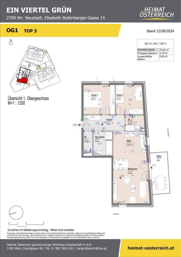 Grundriss der Wohnung OG1 TOP 3 mit Wohnfläche und Balkon.