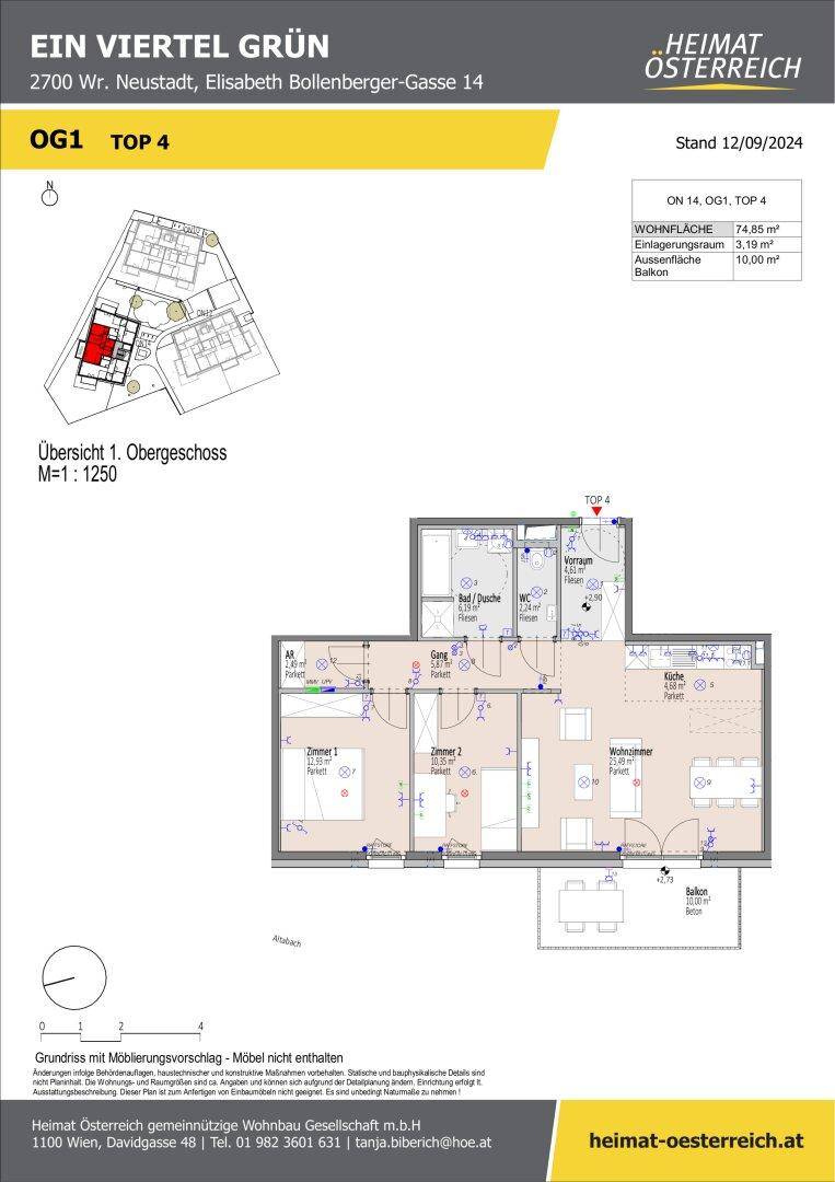Grundriss der Wohnung OG1 Top 4 mit Wohnfläche und Balkonangabe.