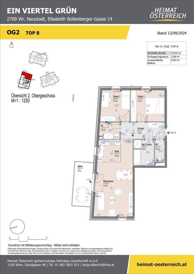 Grundriss einer Wohnung im zweiten Obergeschoss mit Balkon und offener Wohnküche.