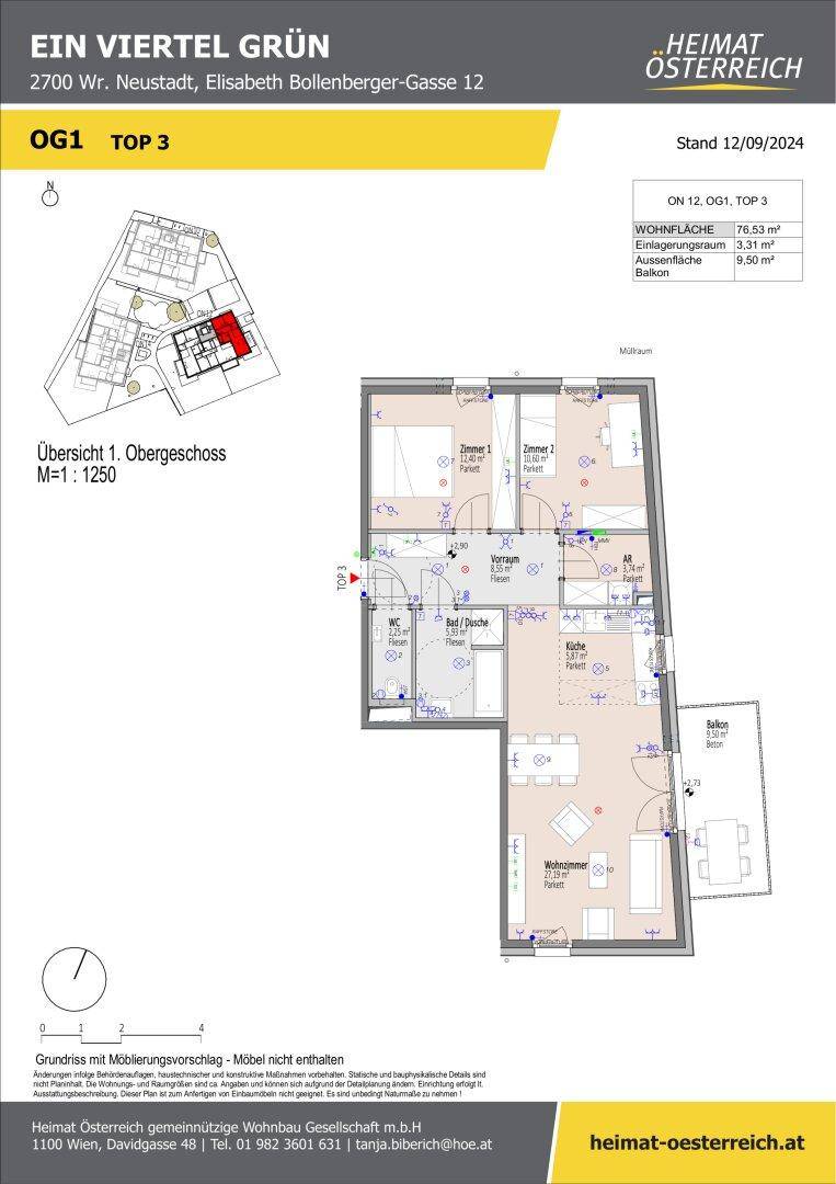Grundriss der Wohnung Top 3 im ersten Obergeschoss mit Balkon und drei Zimmern.