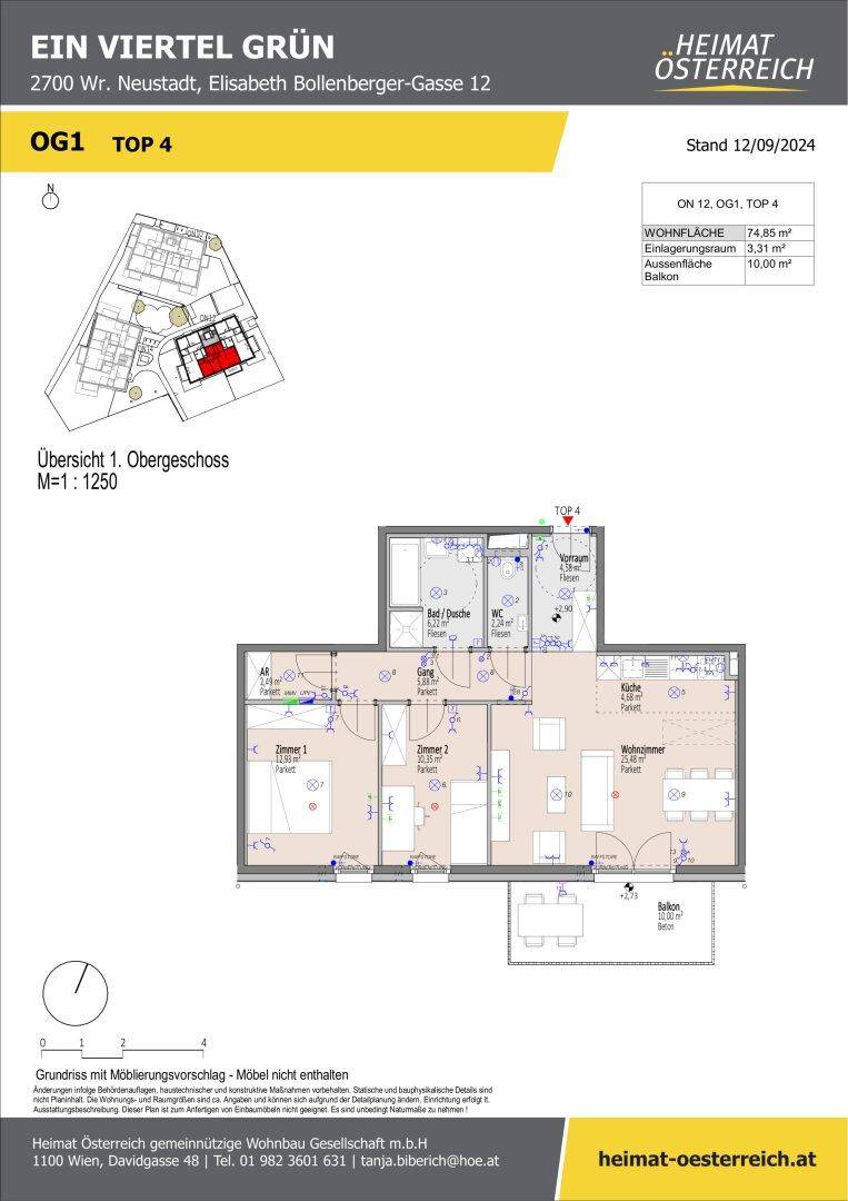 Grundriss der Wohnung OG1 TOP 4 mit drei Zimmern, Bad und Balkon.