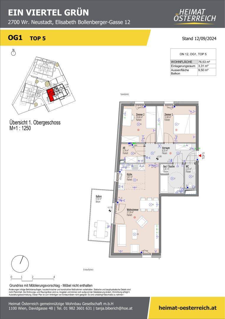 Grundriss der Wohnung OG1 Top 5 mit Wohnfläche und Balkon.