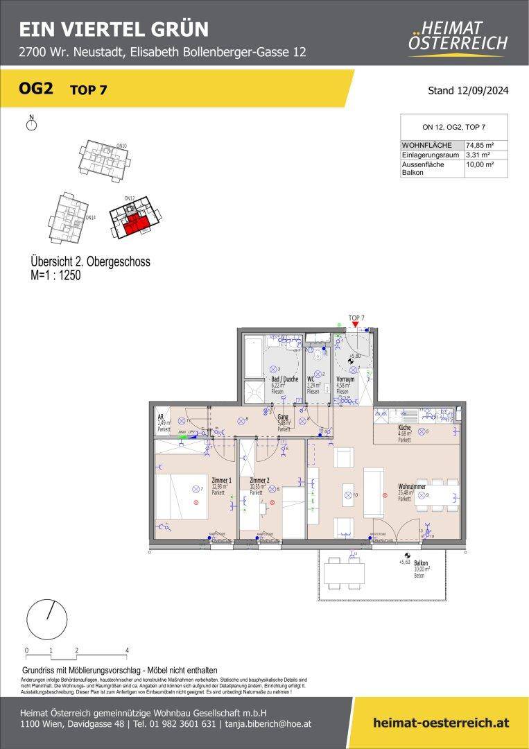 Grundriss der Wohnung OG2 Top 7 mit Wohnfläche und Balkon.