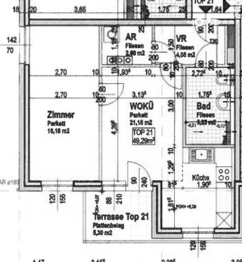 Detaillierter Grundriss mit Zimmer, Wohnküche, Bad, Abstellraum, Vorraum und Terrasse.