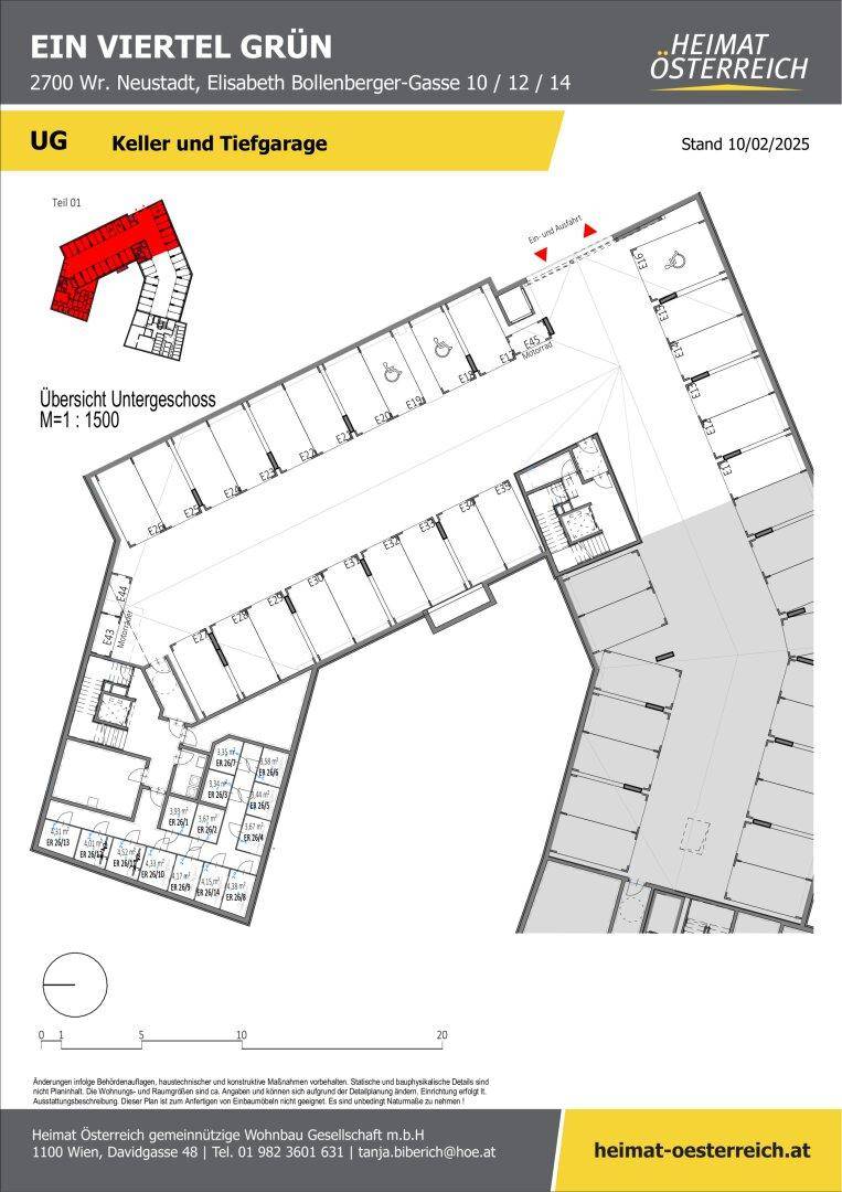 Grundriss des Untergeschosses mit Kellerabteilen und Tiefgaragenstellplätzen für das Gebäude.
