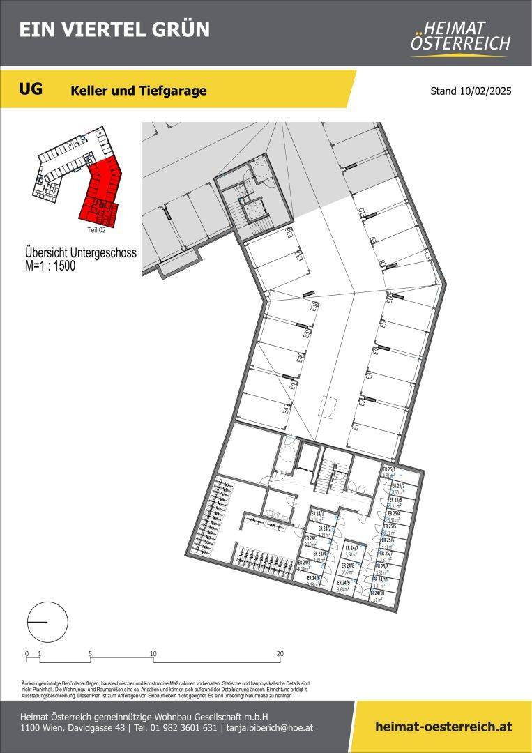 Detaillierter Grundriss des Untergeschosses mit weiteren Kellerabteilen und Tiefgaragenbereichen.