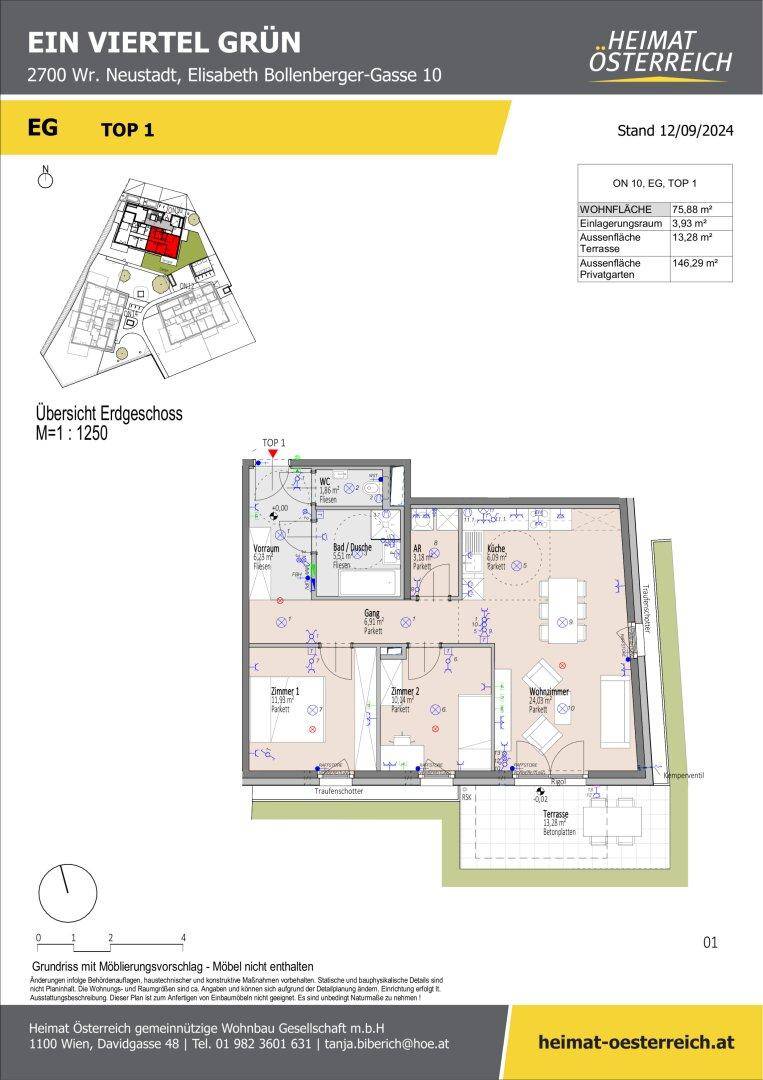 Grundriss der Erdgeschosswohnung Top 1 mit Wohnfläche und Gartenanteil.