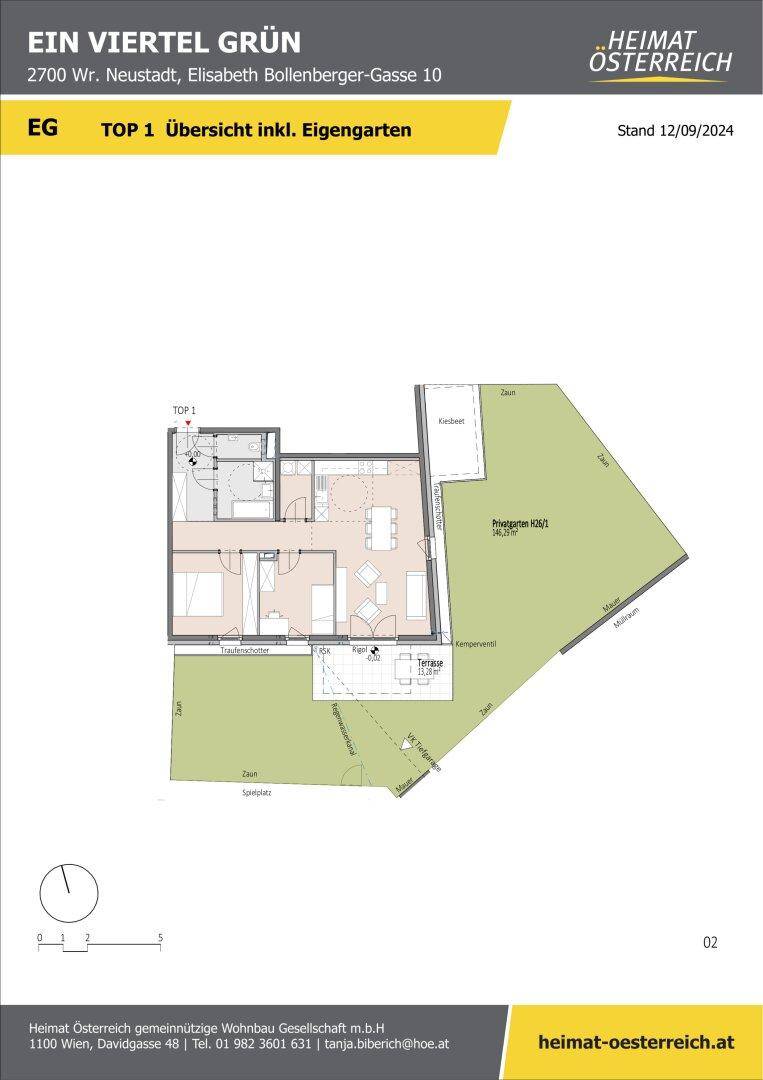 Grundriss der Wohnung Top 1 mit detaillierter Darstellung des privaten Gartens.