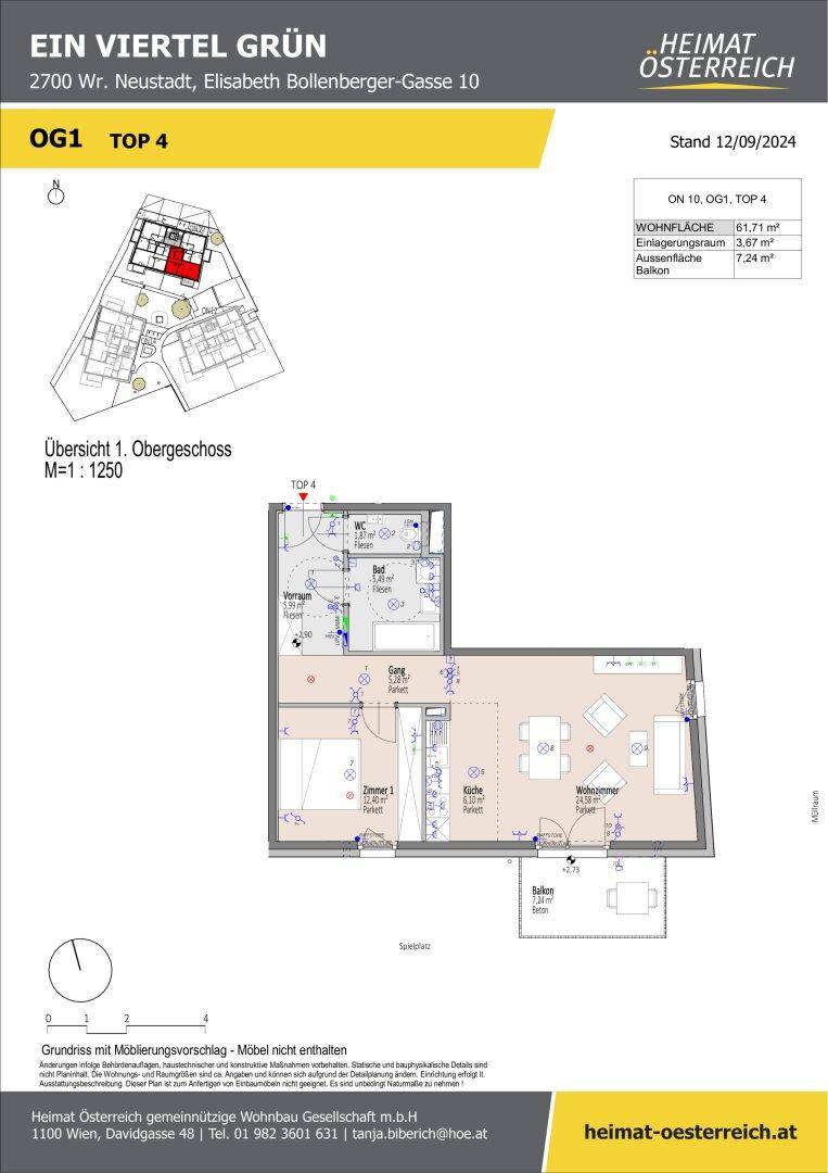 Grundriss der Wohnung OG1 Top 4 mit Wohnfläche und Balkon.