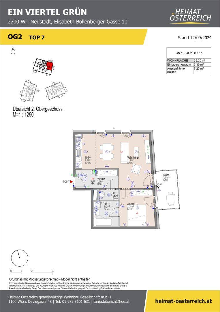 Detaillierter Grundriss einer Wohnung mit Möblierungsvorschlägen und Balkonzugang.