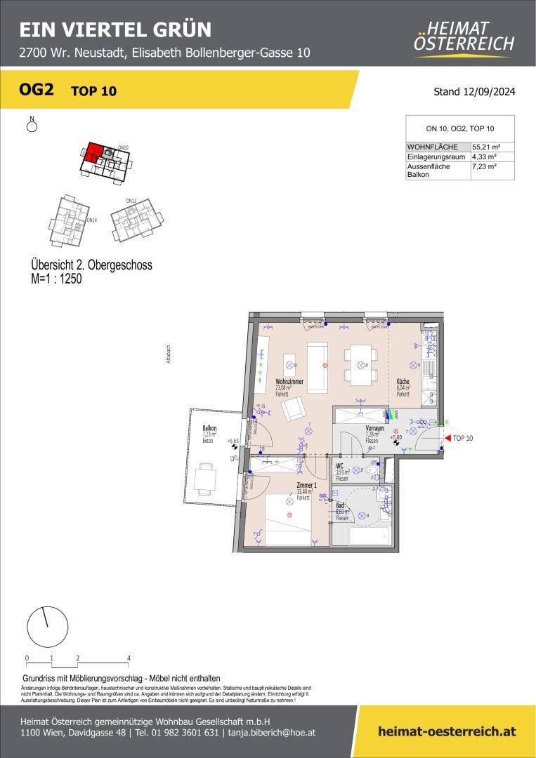 Grundriss der Wohnung OG2 Top 10 mit offenem Wohnbereich, Schlafzimmern und Balkon.