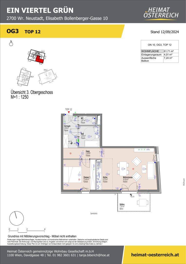 Grundriss einer Wohnung im dritten Obergeschoss mit Wohnfläche und Balkon.