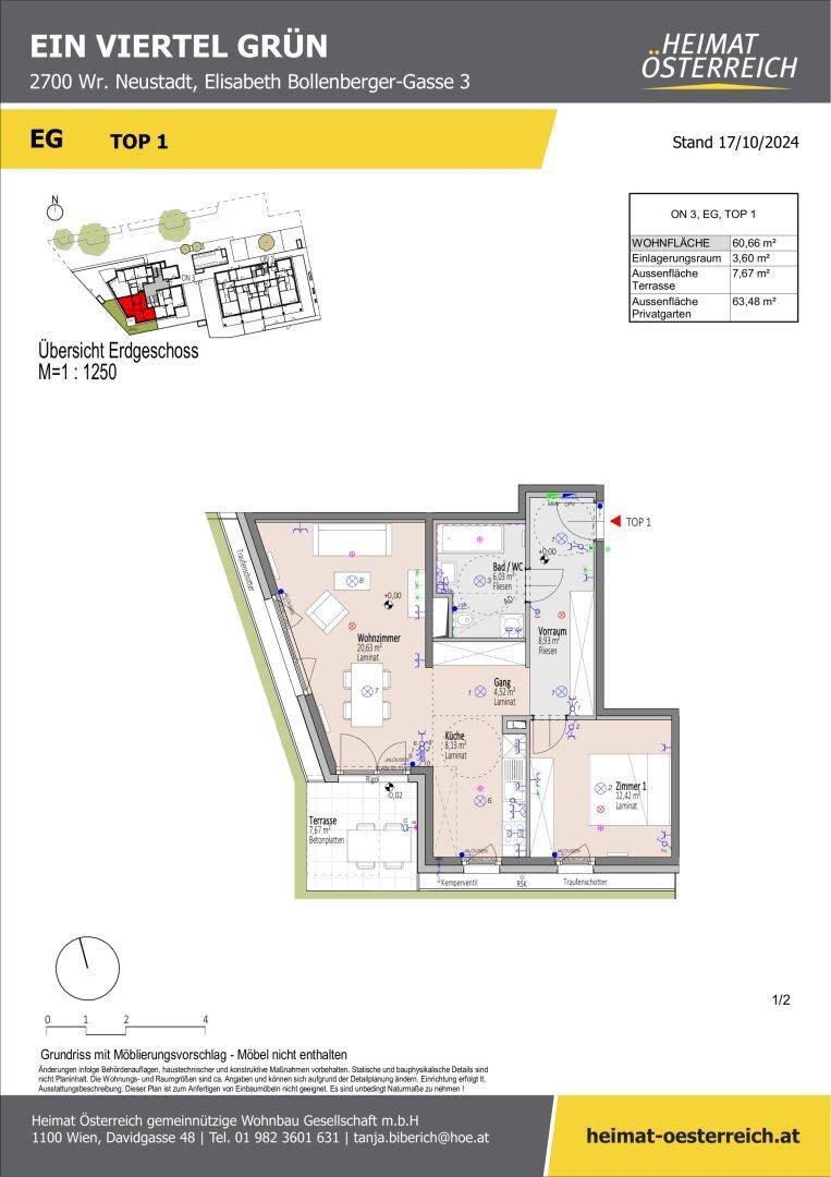 Grundriss einer Erdgeschosswohnung mit Wohnzimmer, Schlafzimmer, Bad und Terrasse.