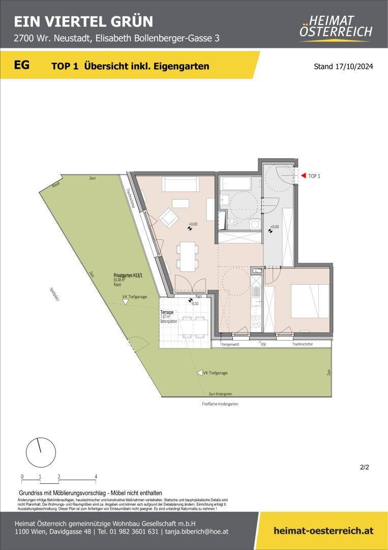 Grundriss einer Erdgeschosswohnung mit privatem Garten und Terrasse.