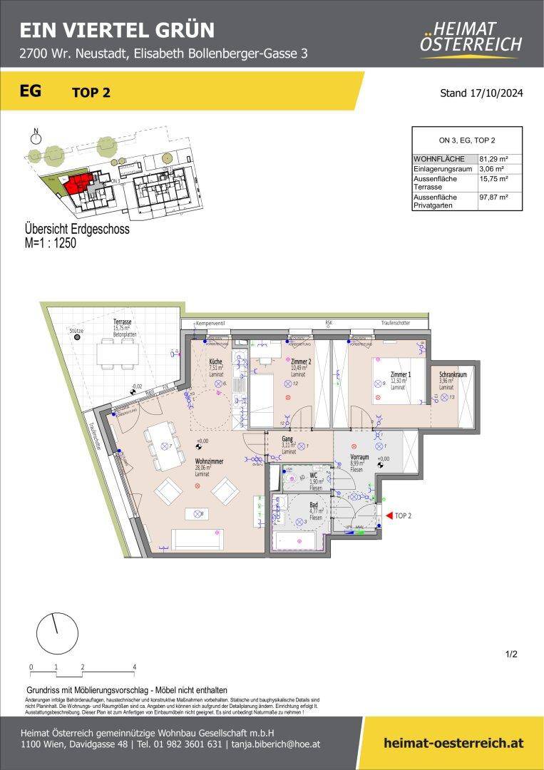 Detaillierter Grundriss des Erdgeschosses mit Möblierungsvorschlag, Terrasse und privatem Gartenbereich.