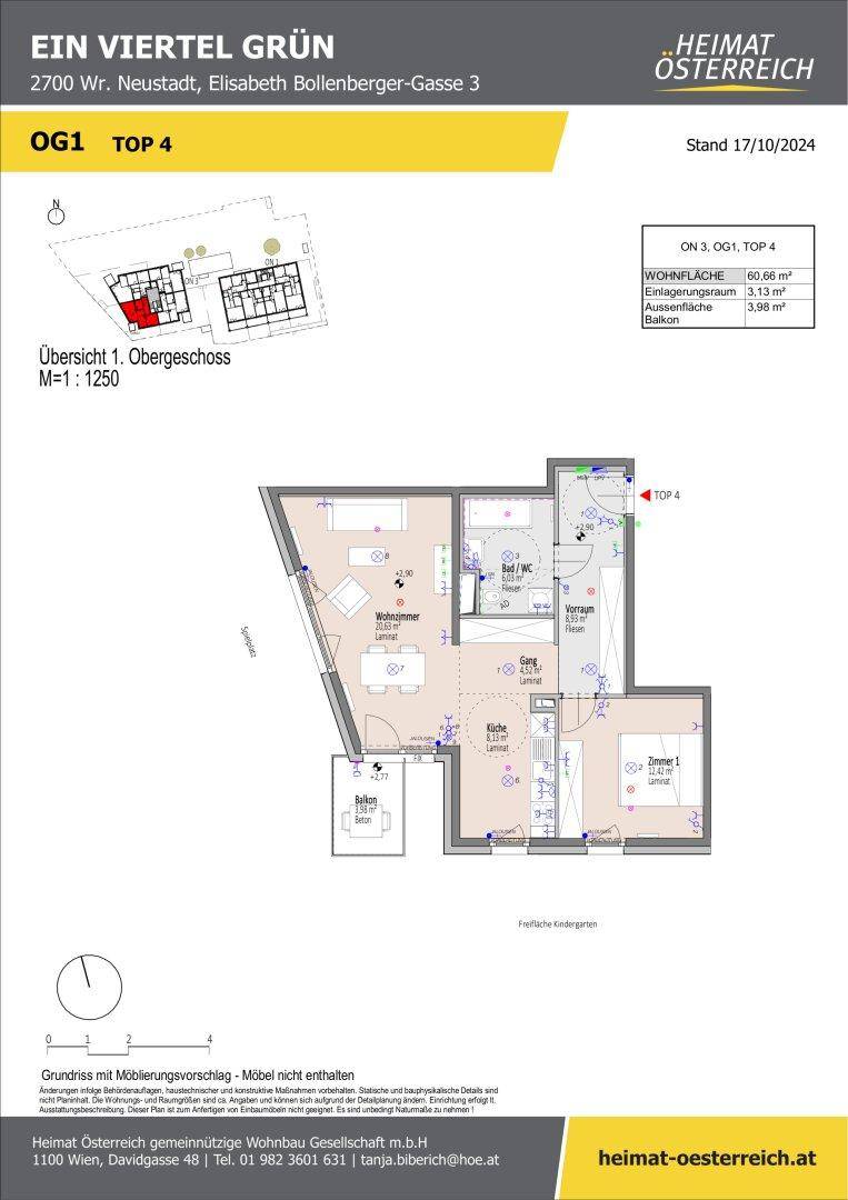 Detaillierter Grundriss einer Wohnung mit Möblierungsvorschlag und Balkonzugang.