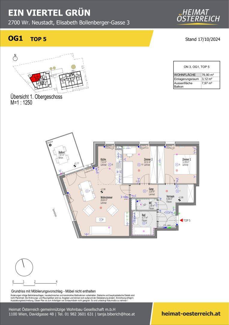 Grundriss einer Wohnung mit drei Zimmern, offenem Wohnbereich und Balkonzugang.