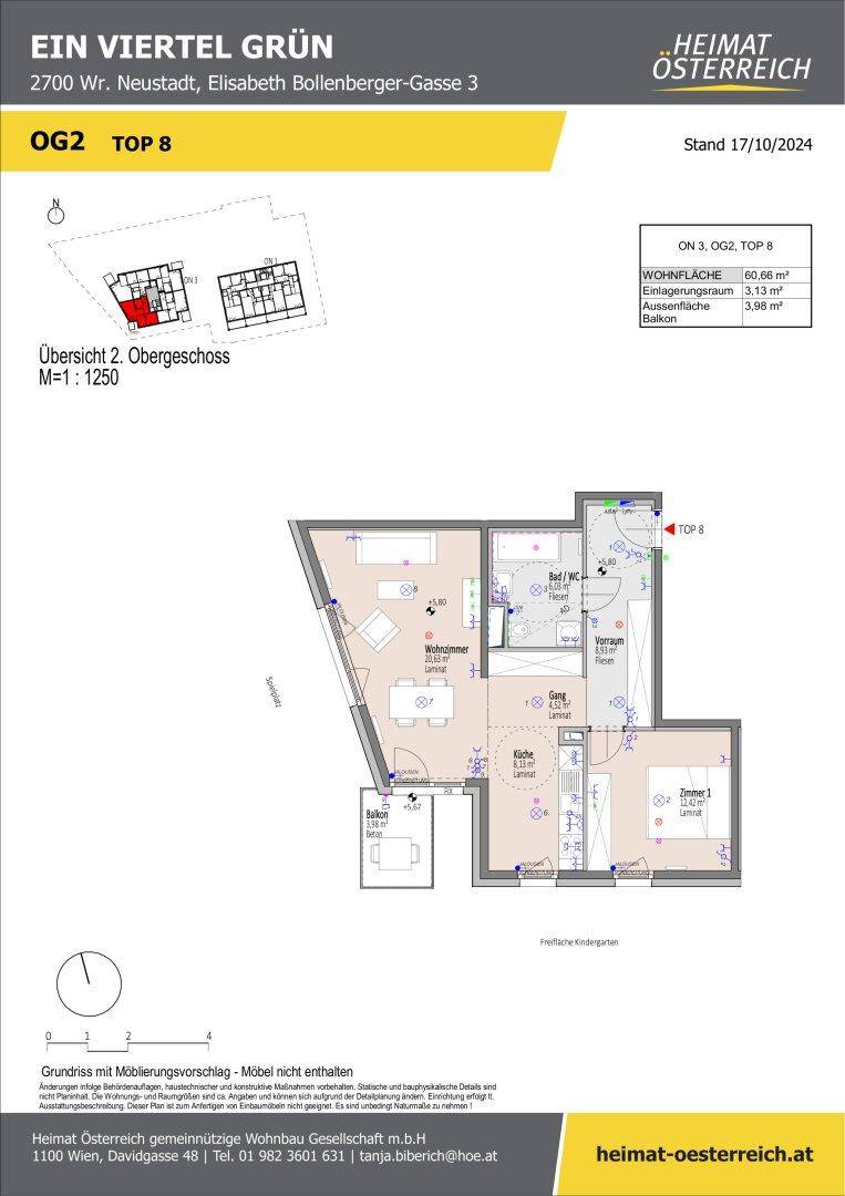 Detaillierter Grundriss der Wohnung TOP 8 mit offenem Wohnbereich und Balkon.