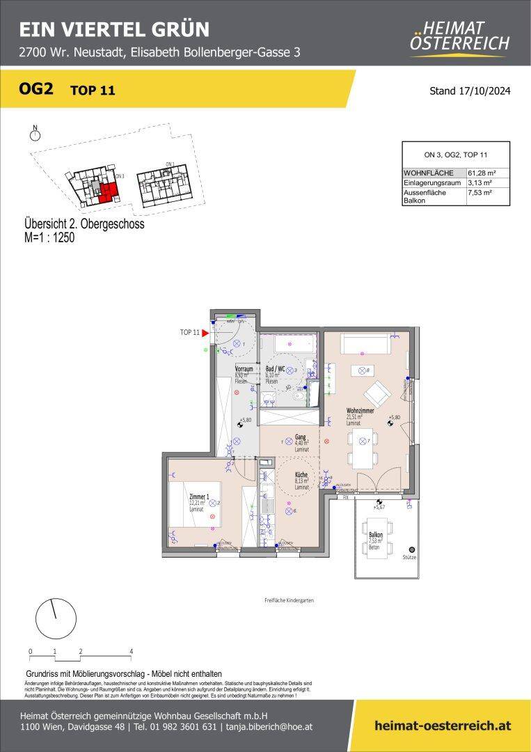 Grundriss der Wohnung OG2 TOP 11 mit Wohnzimmer, Schlafzimmer, Bad und Balkon.
