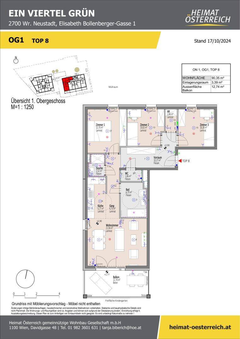 Detaillierter Grundriss einer Wohnung im ersten Obergeschoss mit Balkon und drei Schlafzimmern.
