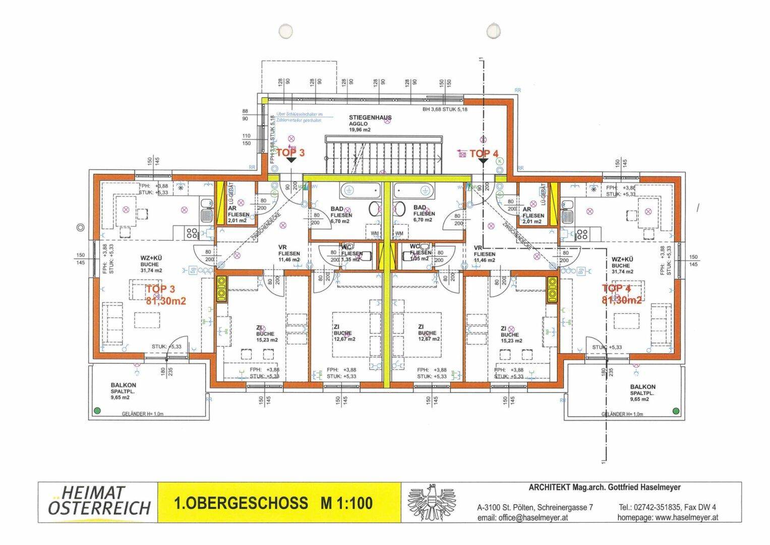 Grundriss des 1. Obergeschosses mit zwei Wohneinheiten und Balkonen.