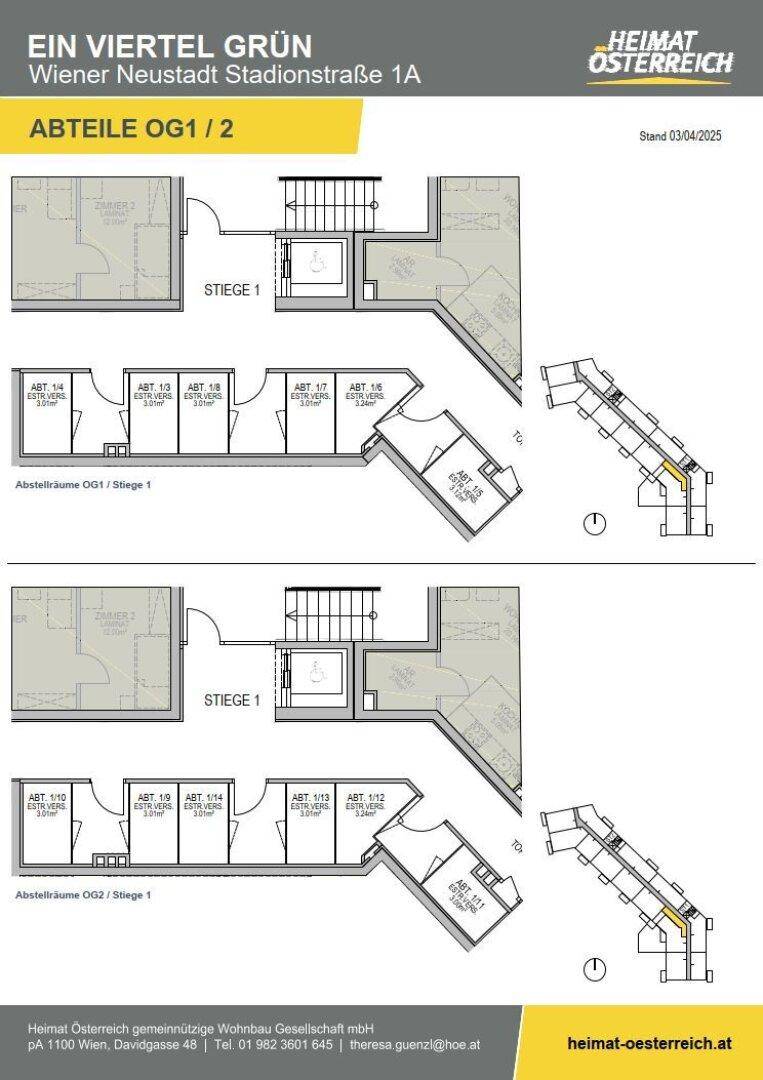 Grundriss der Abstellräume in den Obergeschossen 1 und 2, zugänglich über Stiege 1.