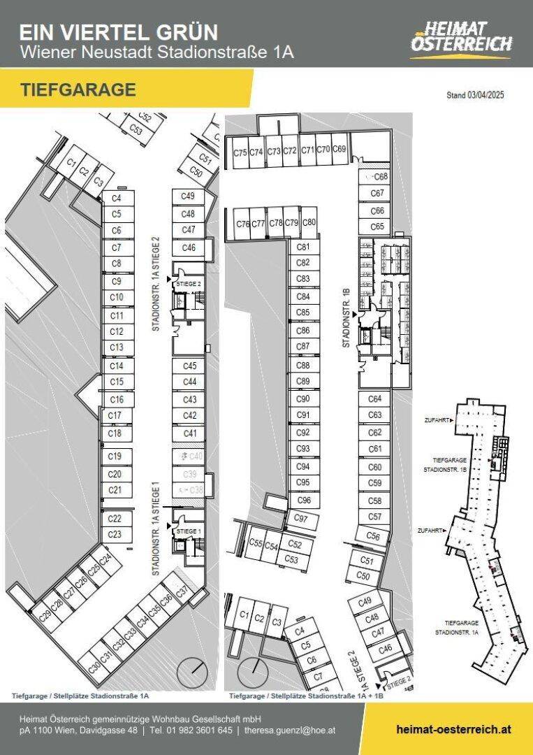 Grundriss der Tiefgarage mit zahlreichen Stellplätzen und Zufahrtswegen für das Gebäude.
