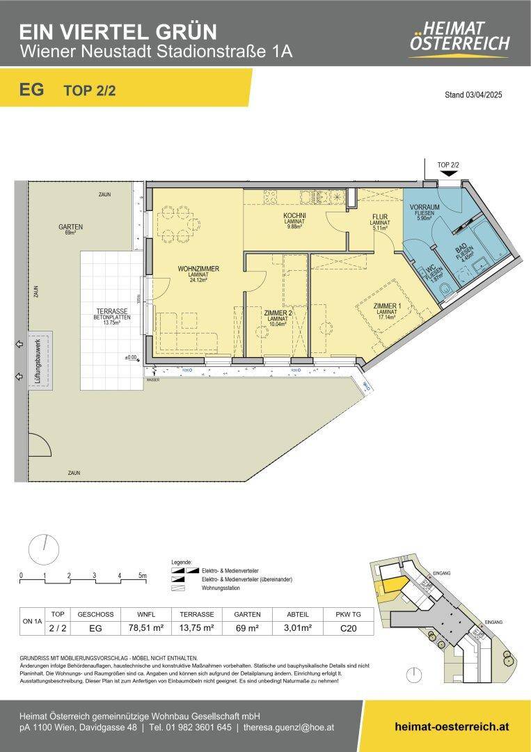 Grundriss einer Erdgeschosswohnung mit Terrasse, Garten und drei Zimmern.