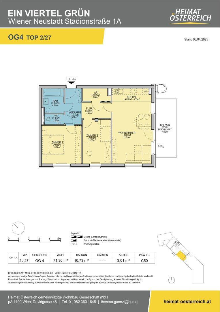 Grundriss einer Wohnung mit zwei Schlafzimmern, offenem Wohnbereich und Balkon.