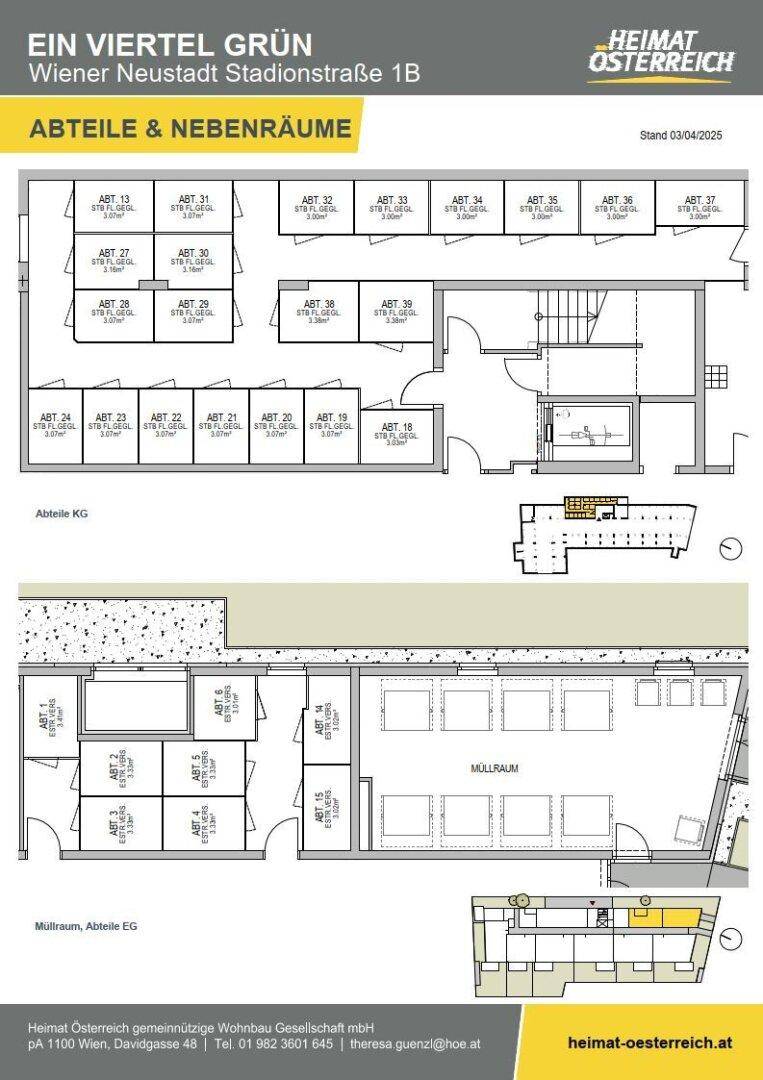 Grundriss der Abstellräume und des Müllraums im Keller- und Erdgeschoss.
