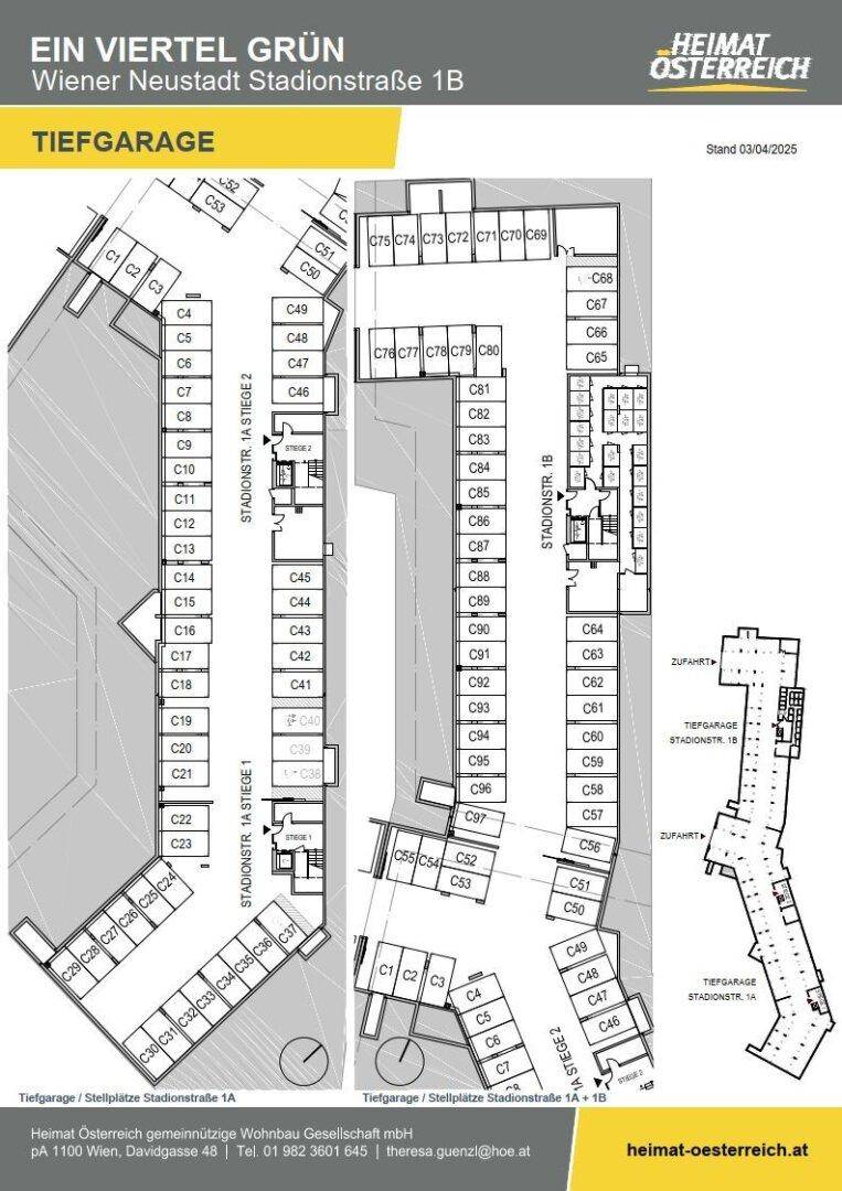 Detaillierter Grundriss der Tiefgarage mit zahlreichen Stellplätzen.