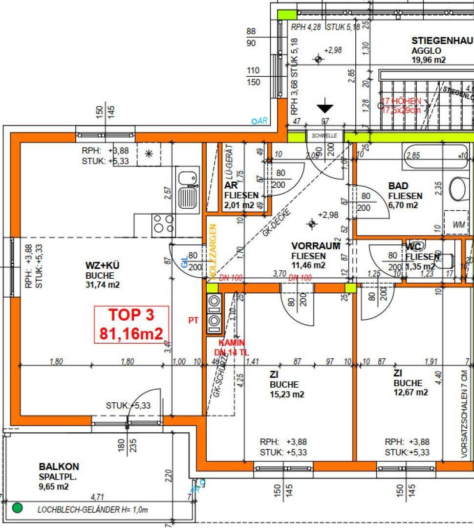 Grundriss der Wohnung TOP 3 mit 81,16m², offenem Wohn-Essbereich, zwei Schlafzimmern, Bad, separatem WC und Balkon.