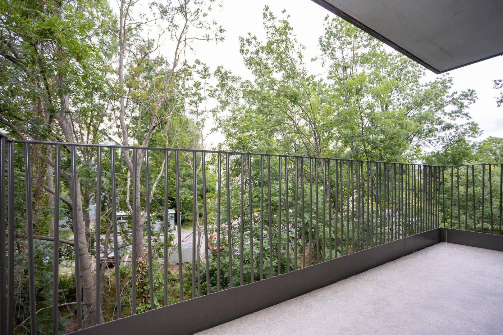 Balkon mit Blick ins Grüne, umgeben von Bäumen, bietet eine ruhige Rückzugsmöglichkeit im Freien.