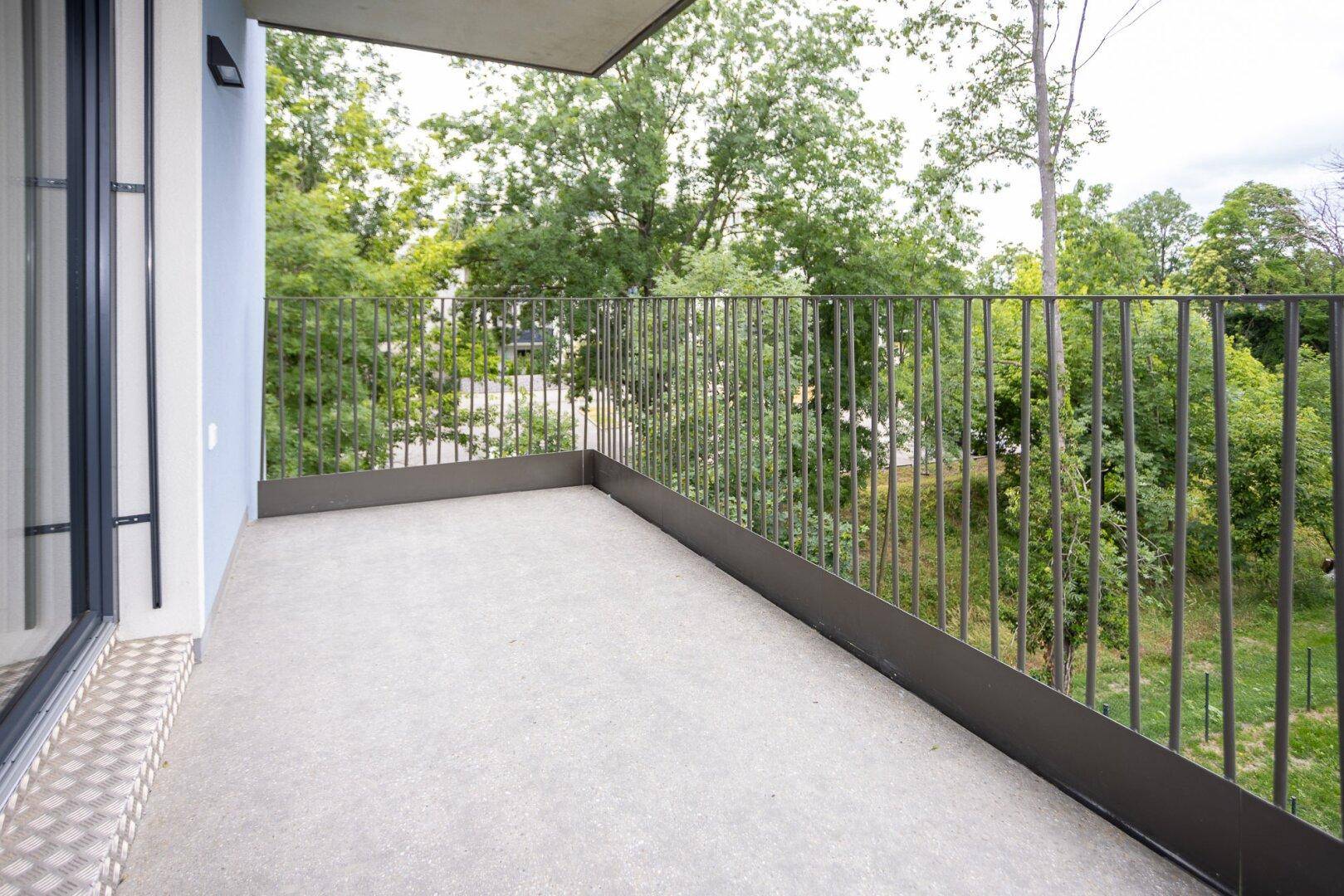 Balkon mit Blick ins Grüne und auf hohe Bäume, bietet eine ruhige und natürliche Umgebung.