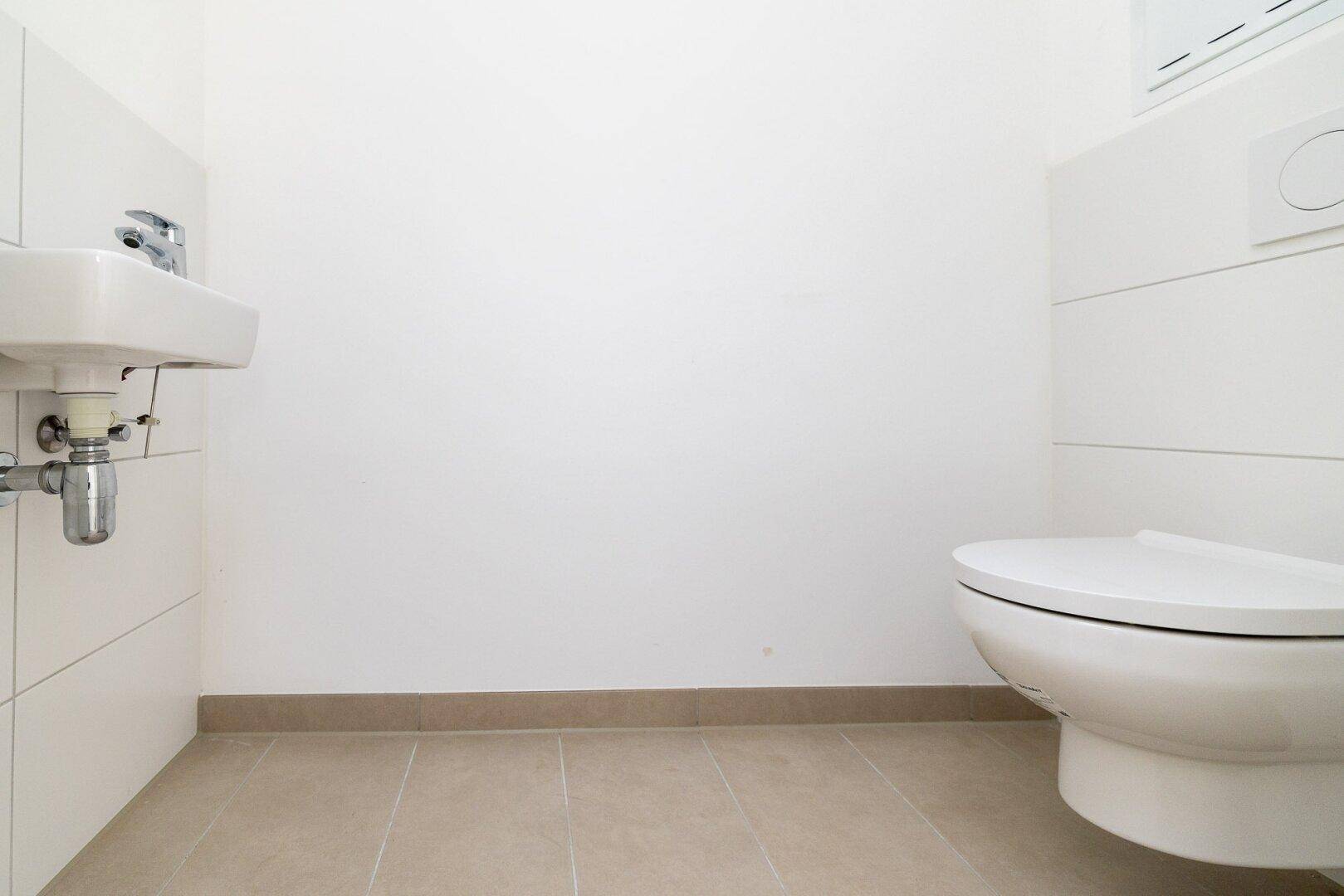 Kleines Gäste-WC mit wandmontierter Toilette und einem kompakten Waschbecken.