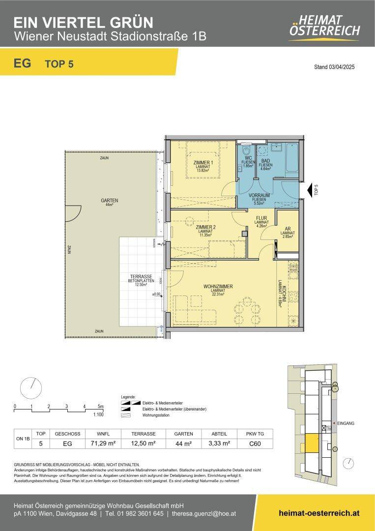 Detaillierter Grundriss einer Erdgeschosswohnung mit Terrasse und eigenem Gartenbereich.
