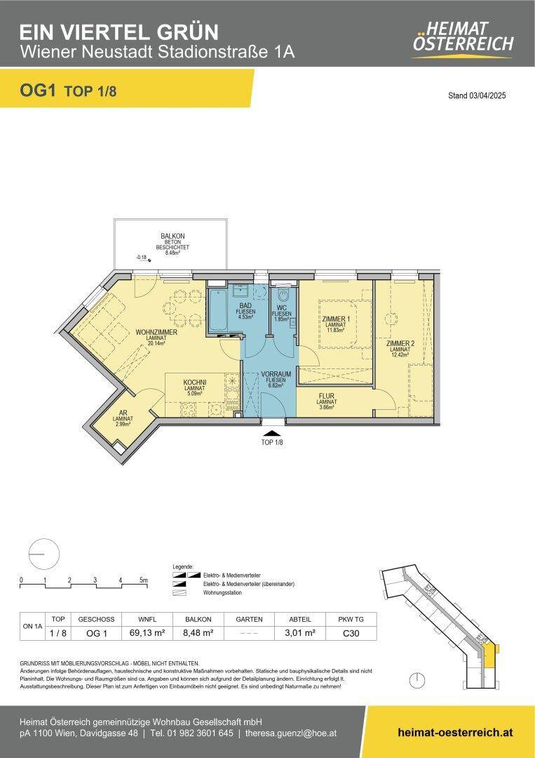 Grundriss einer Wohnung mit zwei Schlafzimmern, offenem Wohnbereich, Balkon und separatem WC.