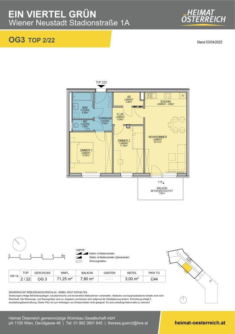 Grundriss einer Wohnung mit zwei Schlafzimmern, offenem Wohnbereich, separatem WC und Balkon.