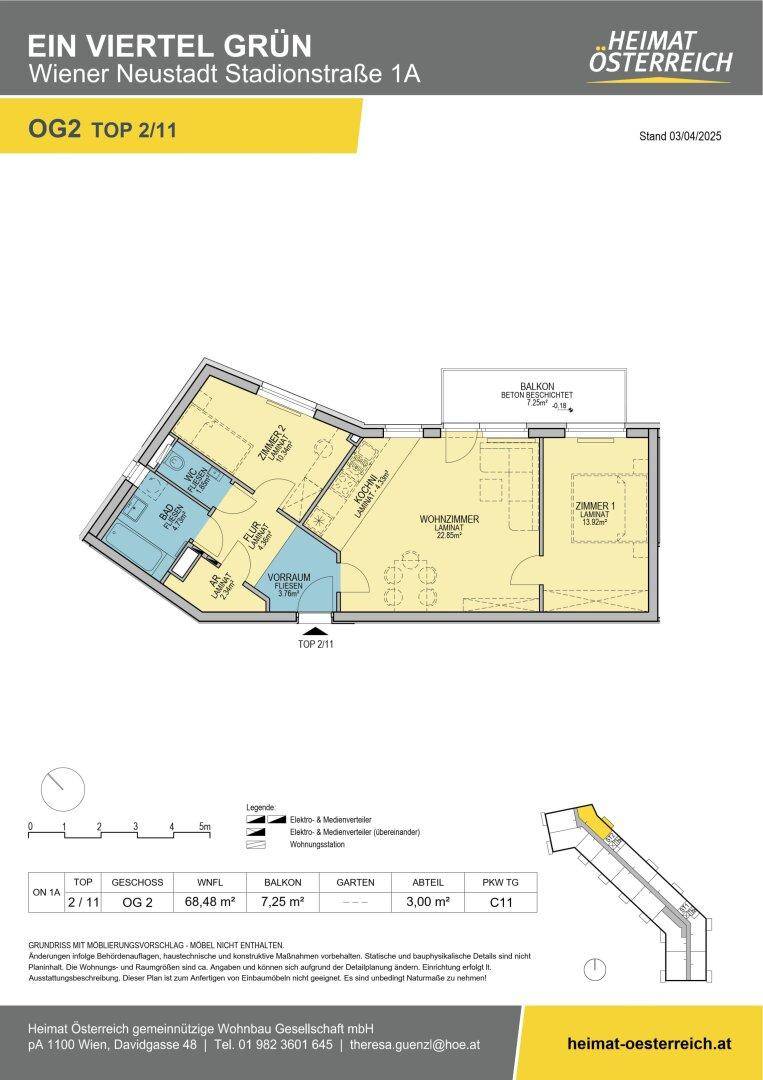 Grundriss einer modernen Wohnung mit offenem Wohnbereich, zwei Schlafzimmern, Bad, separatem WC und Balkon.