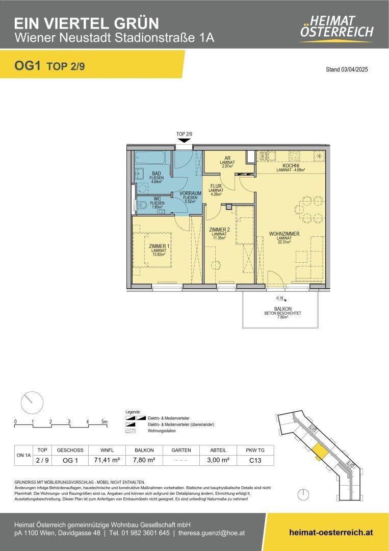 Grundriss einer Wohnung mit Wohnzimmer, Küche, zwei Schlafzimmern, Bad, separatem WC und Balkon.