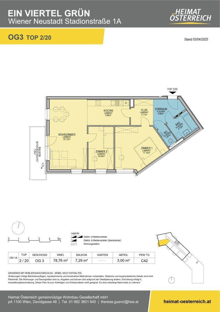 Grundriss einer Wohnung mit offenem Wohnbereich, zwei Schlafzimmern und Balkon.