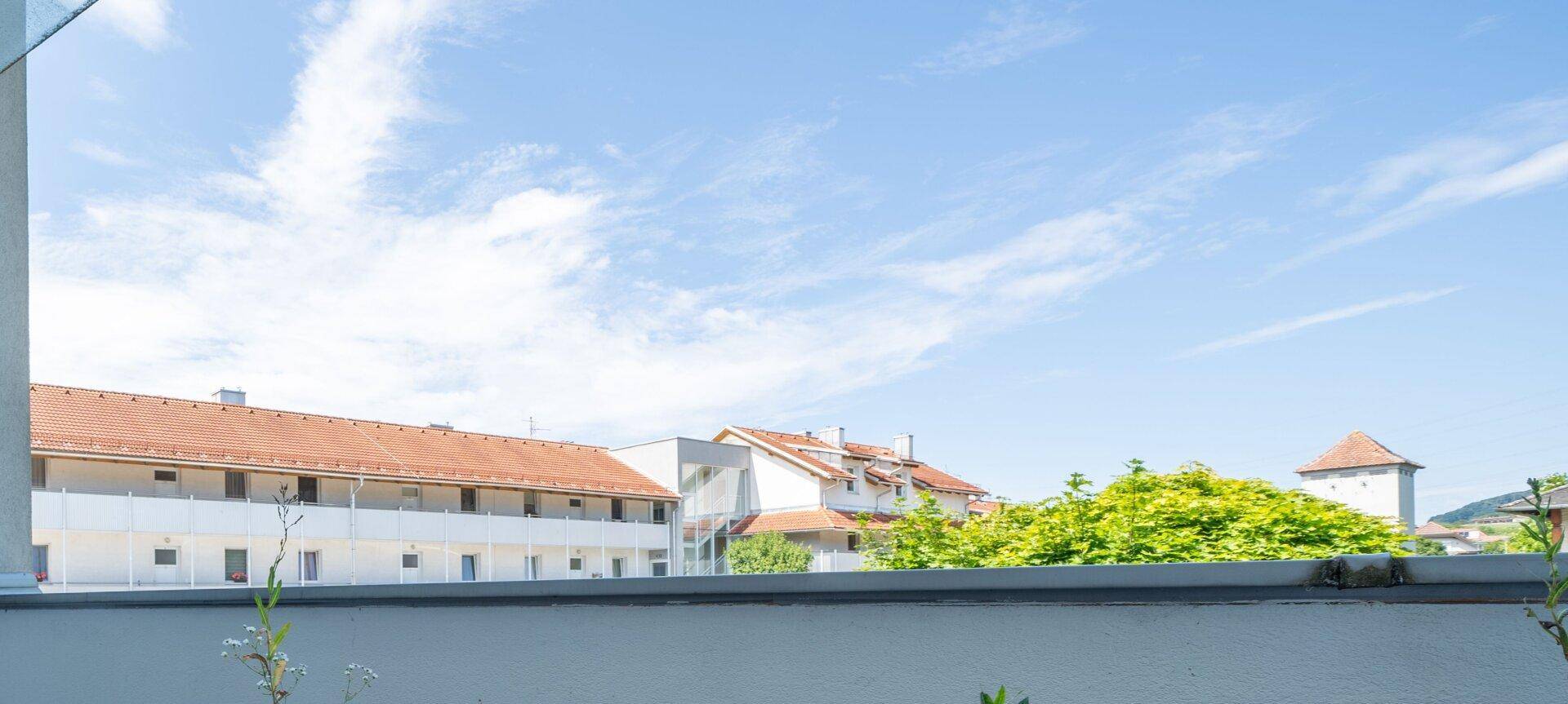 Weitläufiger Blick auf die umliegende Wohngegend mit blauem Himmel und grünen Bäumen.
