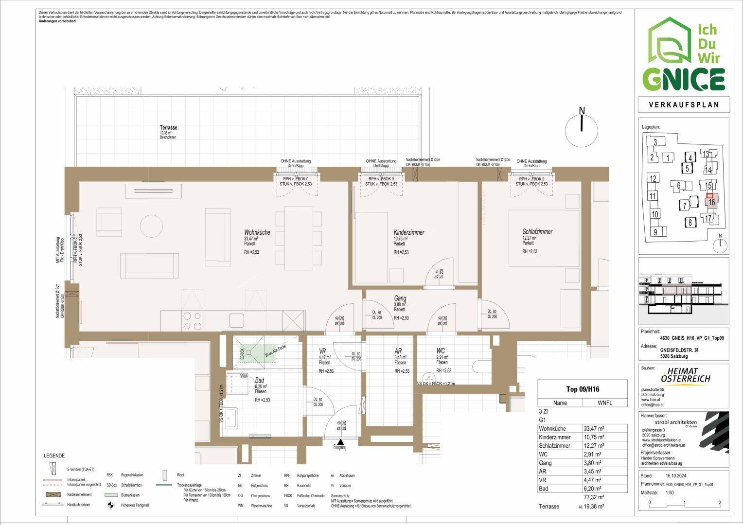 Grundriss einer Wohnung mit offener Wohnküche, zwei Schlafzimmern, Bad, separatem WC und großer Terrasse.