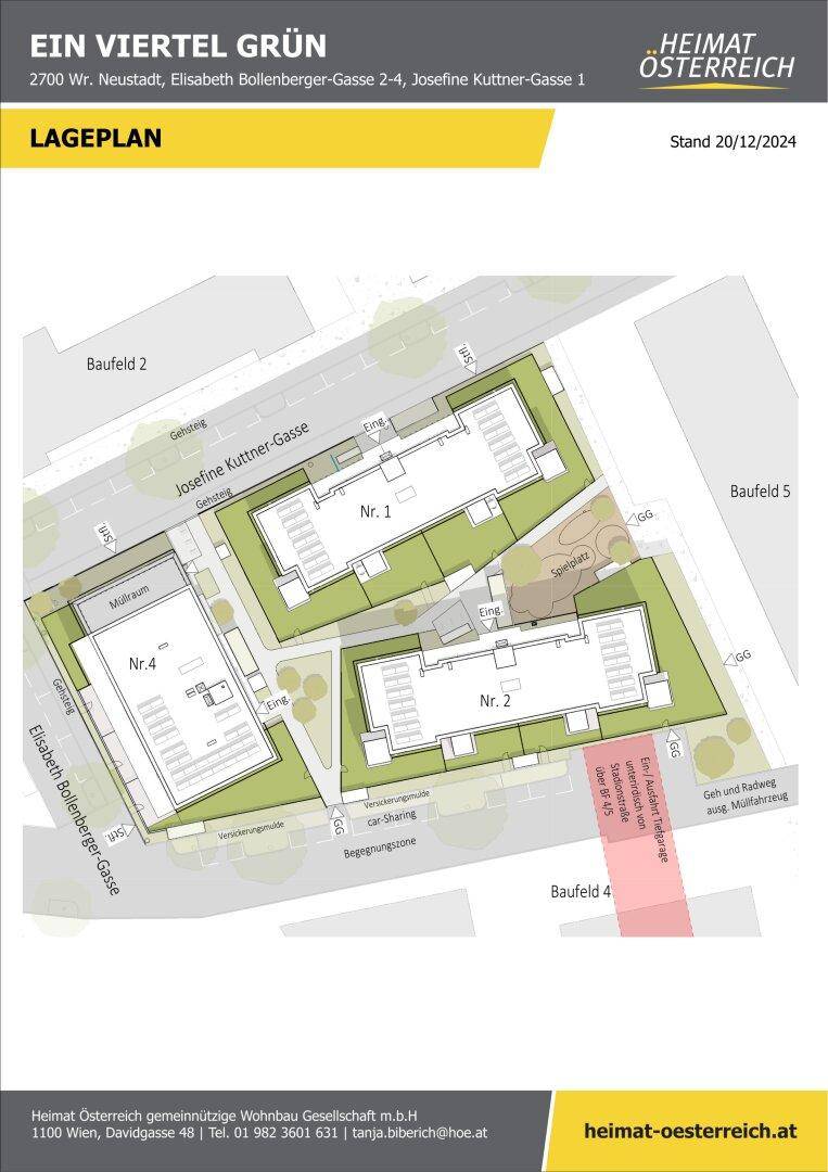 Lageplan des Wohnviertels mit Gebäuden, Grünflächen, Spielplatz und Car-Sharing-Bereich.