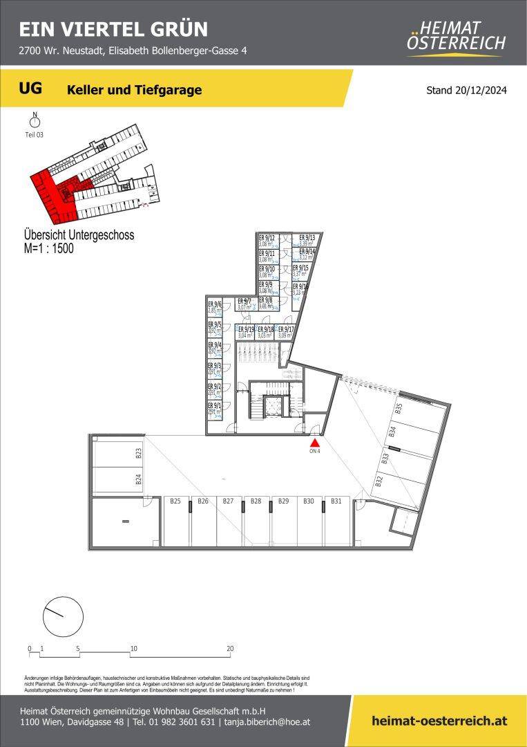 Grundriss des Untergeschosses mit Kellerabteilen und Tiefgarage für das Wohngebäude.